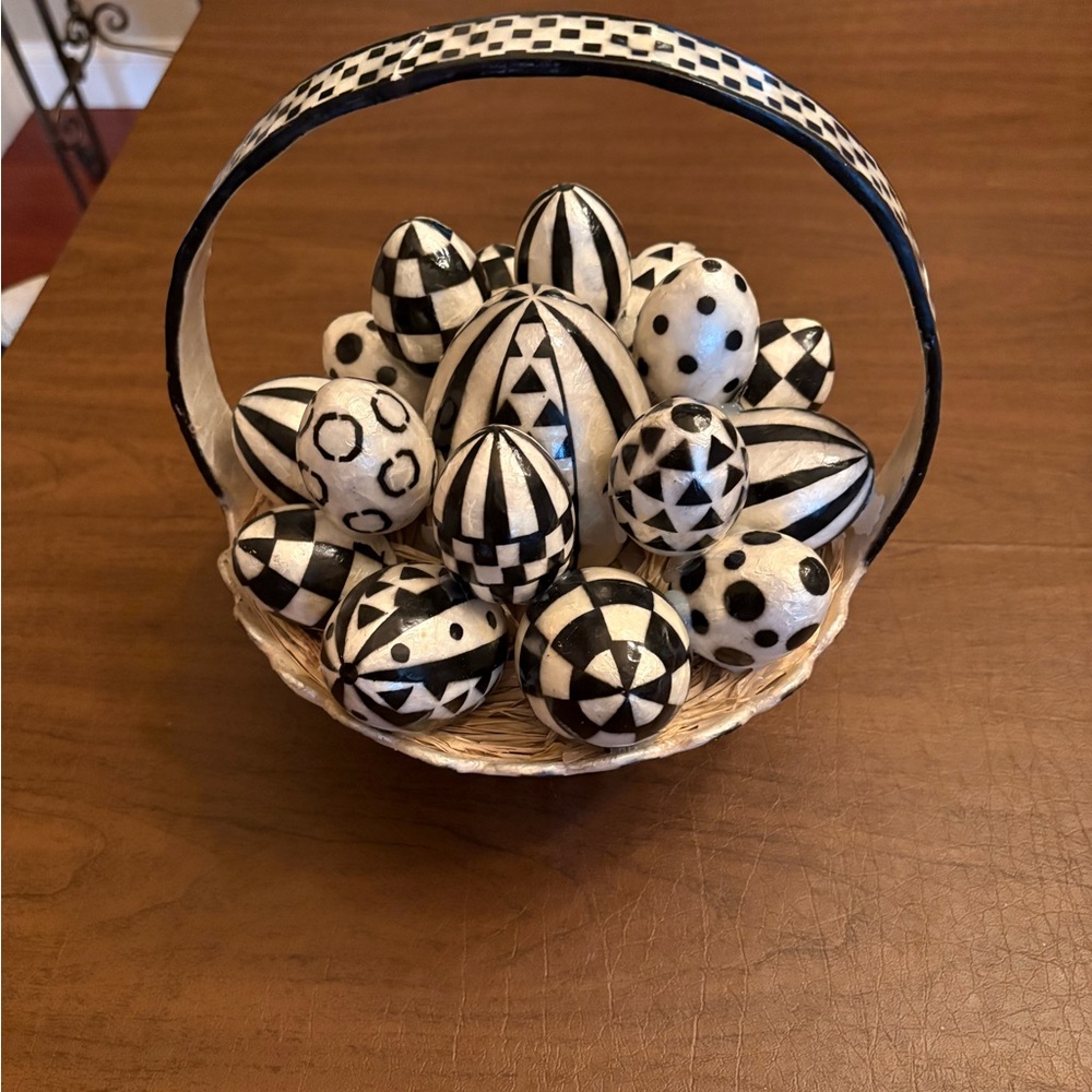 MacKenzie-Childs Black and White Basket with Decorative Eggs